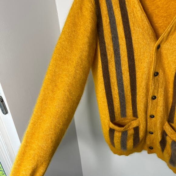 Beams Plus Sweater Size Large Cardigan Yellow Contrast Stripe Mohair Nylon Japan - Picture 5 of 13